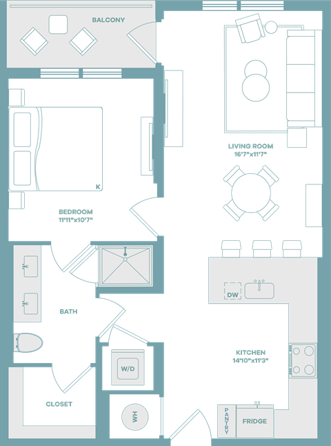 Floor plan for 1 bed, 1 bath, 736 sqft